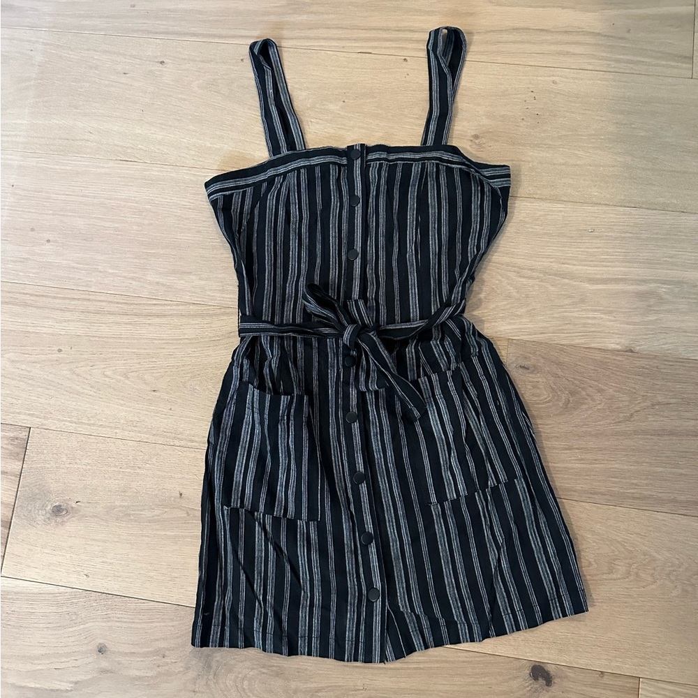 Black Linen Sundress with White Pin Stripes Button Down